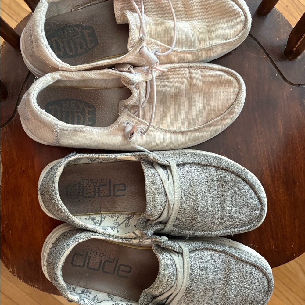 2 pairs of Hey Dude Women’s Loafers - Beige and Light Gray